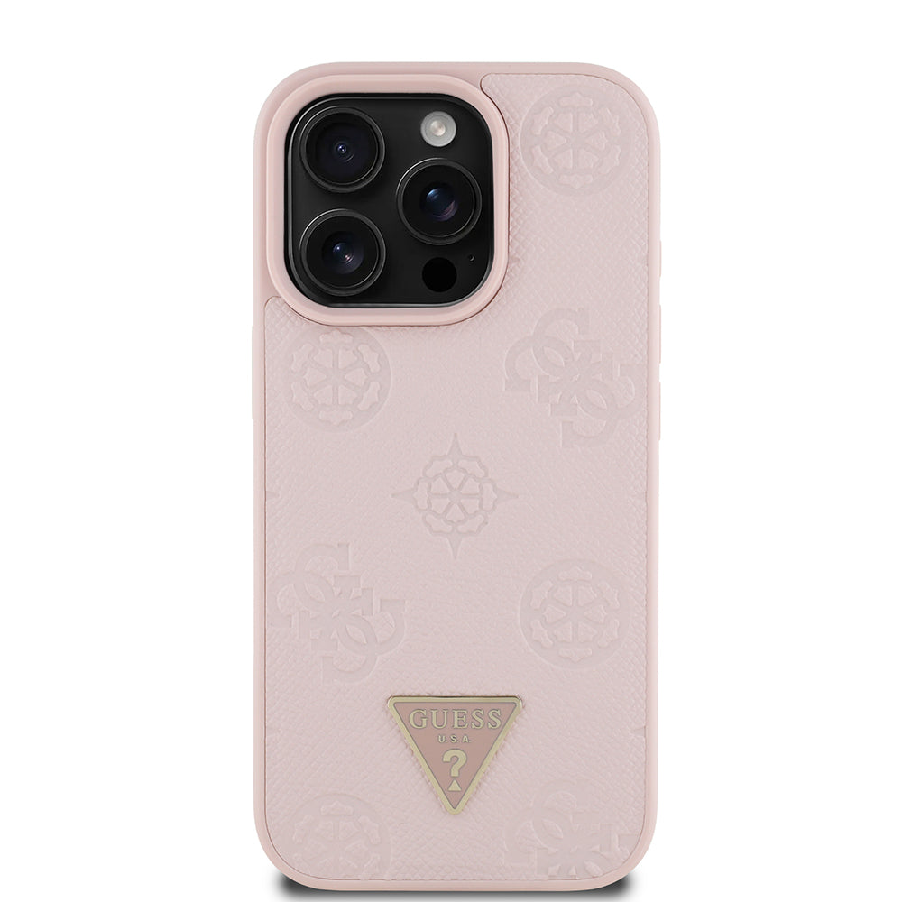 Apple iPhone 16 Pro Max Kılıf Guess Magsafe Şarj Özellikli Üçgen Logolu PU Deri Peony Kapak Pembe