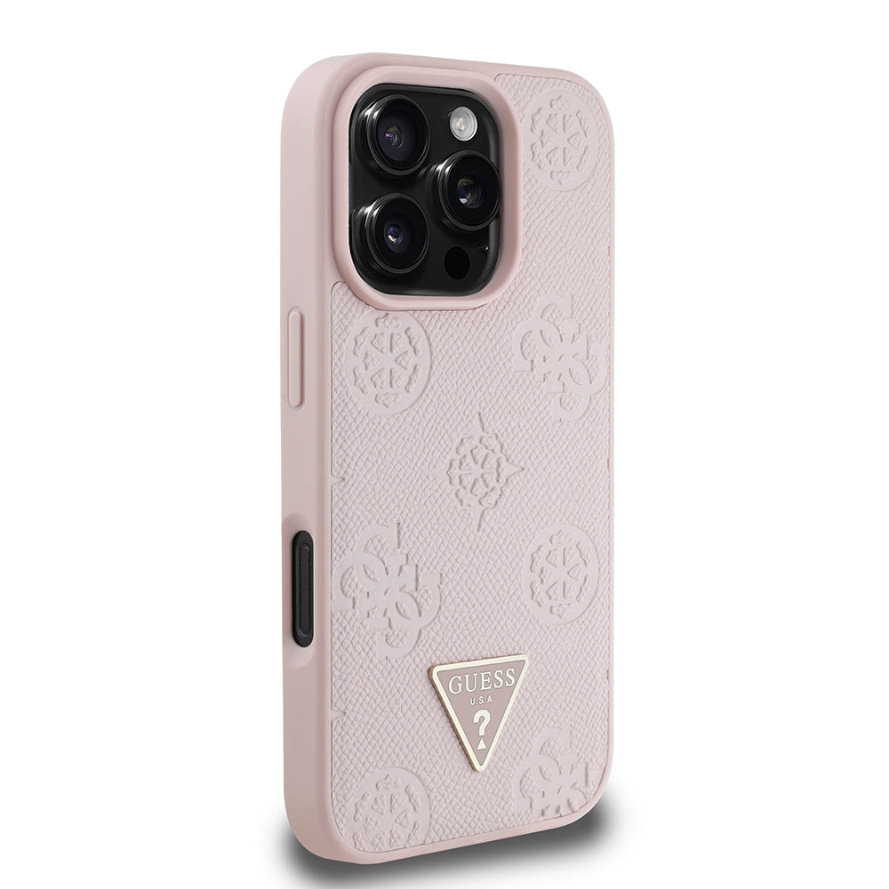 Apple iPhone 16 Pro Max Kılıf Guess Magsafe Şarj Özellikli Üçgen Logolu PU Deri Peony Kapak Pembe