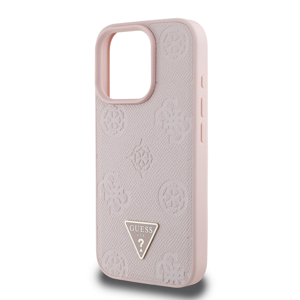 Apple iPhone 16 Pro Max Kılıf Guess Magsafe Şarj Özellikli Üçgen Logolu PU Deri Peony Kapak Pembe