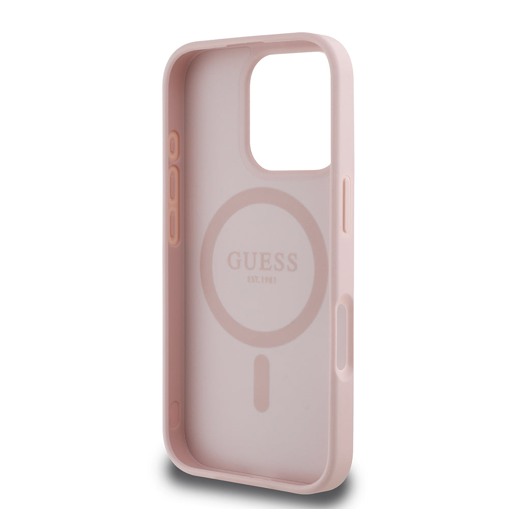 Apple iPhone 16 Pro Max Kılıf Guess Magsafe Şarj Özellikli Üçgen Logolu PU Deri Peony Kapak Pembe