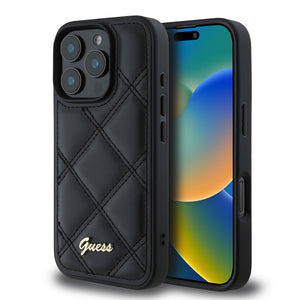 Apple iPhone 16 Pro Max Kılıf Guess PU Deri Metal Yazı Logolu Kapitone Kapak Siyah