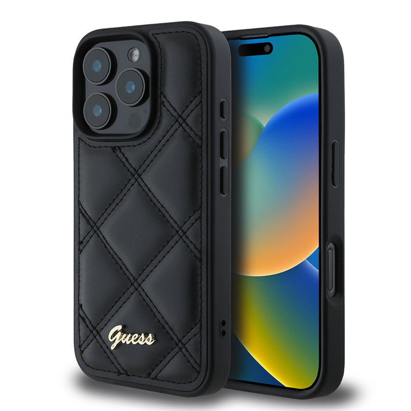 Apple iPhone 16 Pro Max Kılıf Guess PU Deri Metal Yazı Logolu Kapitone Kapak Siyah
