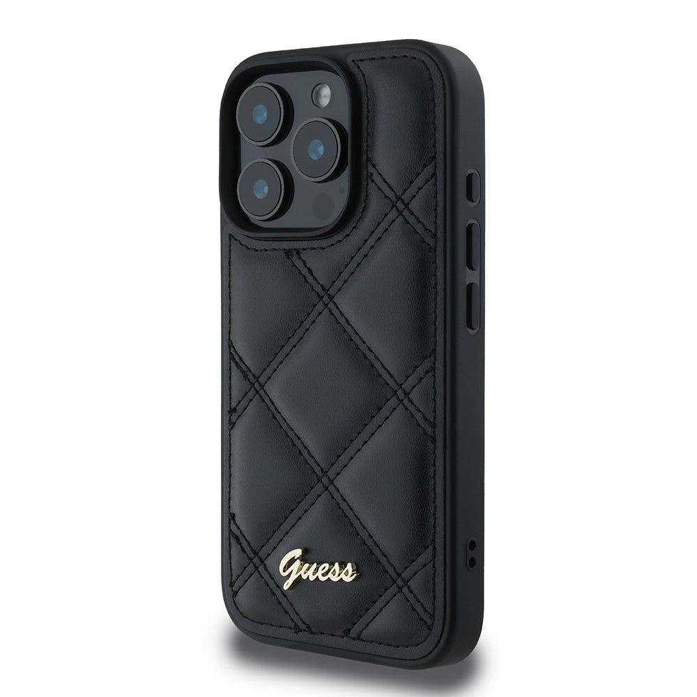 Apple iPhone 16 Pro Max Kılıf Guess PU Deri Metal Yazı Logolu Kapitone Kapak Siyah