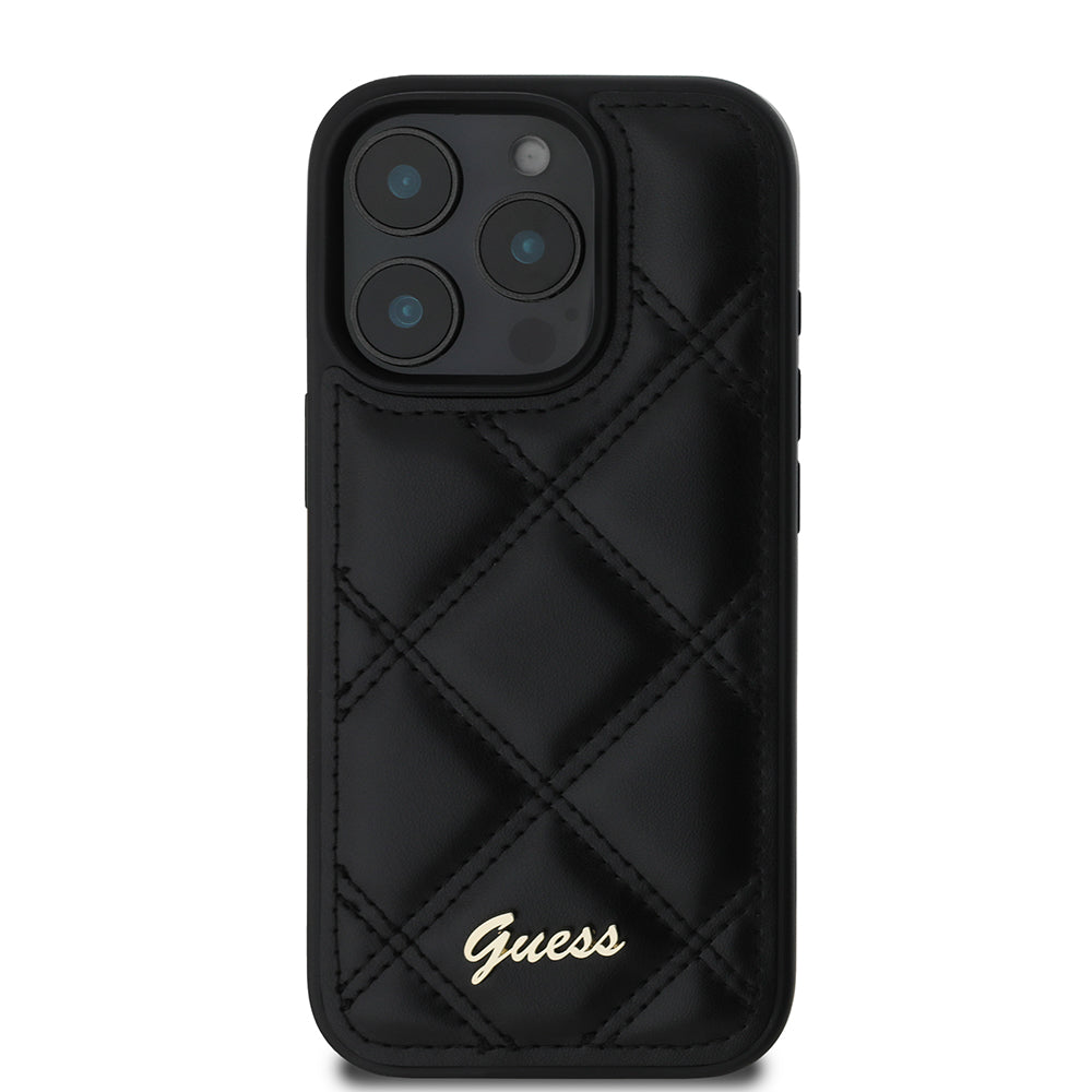 Apple iPhone 16 Pro Max Kılıf Guess PU Deri Metal Yazı Logolu Kapitone Kapak Siyah