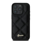 Apple iPhone 16 Pro Max Kılıf Guess PU Deri Metal Yazı Logolu Kapitone Kapak Siyah