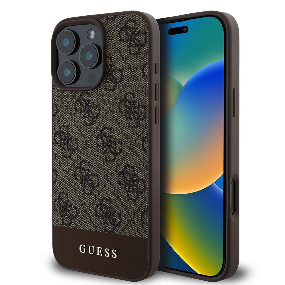 Apple iPhone 16 Pro Kılıf Guess PU Deri Şerit Logo Dizaynlı Kapak Kahverengi