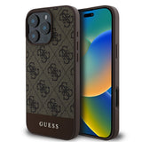 Apple iPhone 16 Pro Max Kılıf Guess PU Deri Şerit Logo Dizaynlı Kapak Kahverengi
