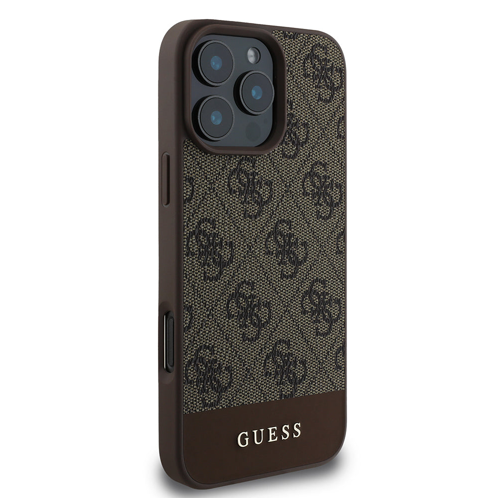 Apple iPhone 16 Pro Kılıf Guess PU Deri Şerit Logo Dizaynlı Kapak Kahverengi
