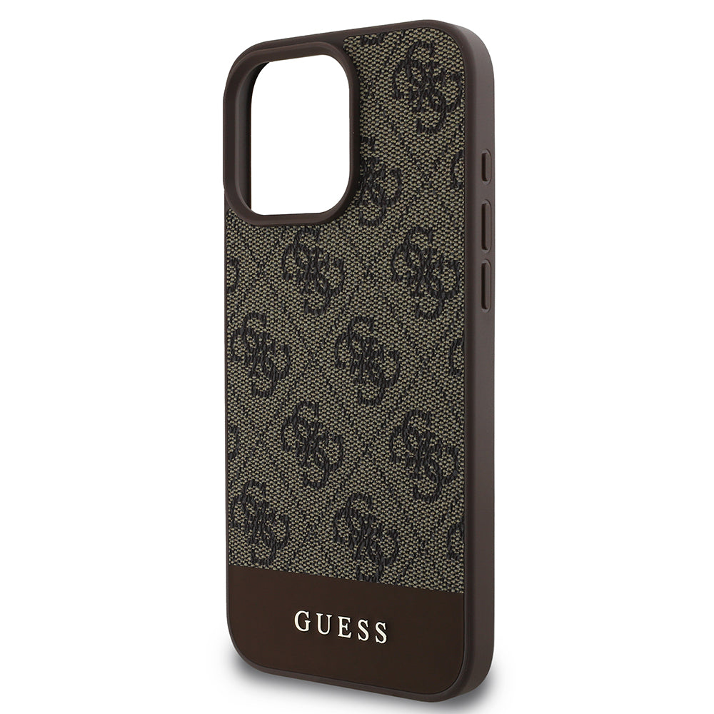 Apple iPhone 16 Pro Kılıf Guess PU Deri Şerit Logo Dizaynlı Kapak Kahverengi