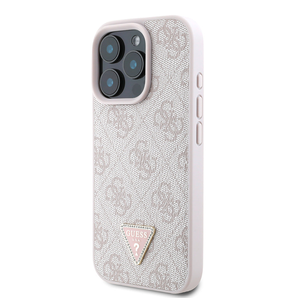 Apple iPhone 16 Pro Max Kılıf Guess PU Deri Taşlı Üçgen Logo 4G Desenli Strass Kapak Pembe