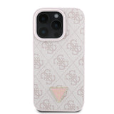 Apple iPhone 16 Pro Max Kılıf Guess PU Deri Taşlı Üçgen Logo 4G Desenli Strass Kapak Pembe