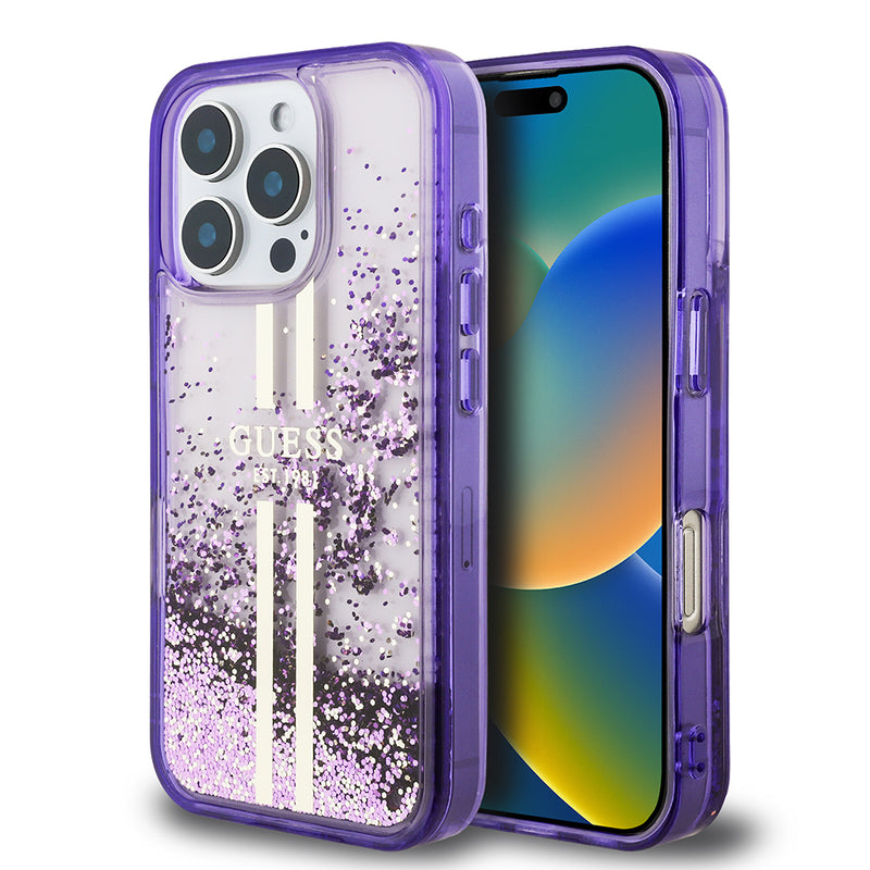 Apple iPhone 16 Pro Kılıf Guess Transparan Sıvılı ve Simli Çizgili Kapak Mor
