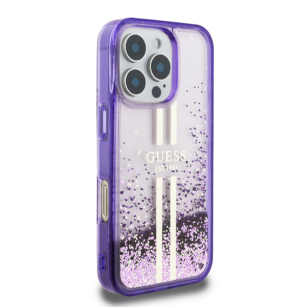 Apple iPhone 16 Pro Kılıf Guess Transparan Sıvılı ve Simli Çizgili Kapak Mor