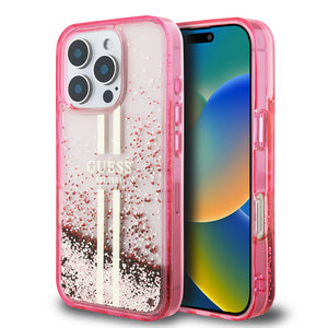 Apple iPhone 16 Pro Kılıf Guess Transparan Sıvılı ve Simli Çizgili Kapak Pembe