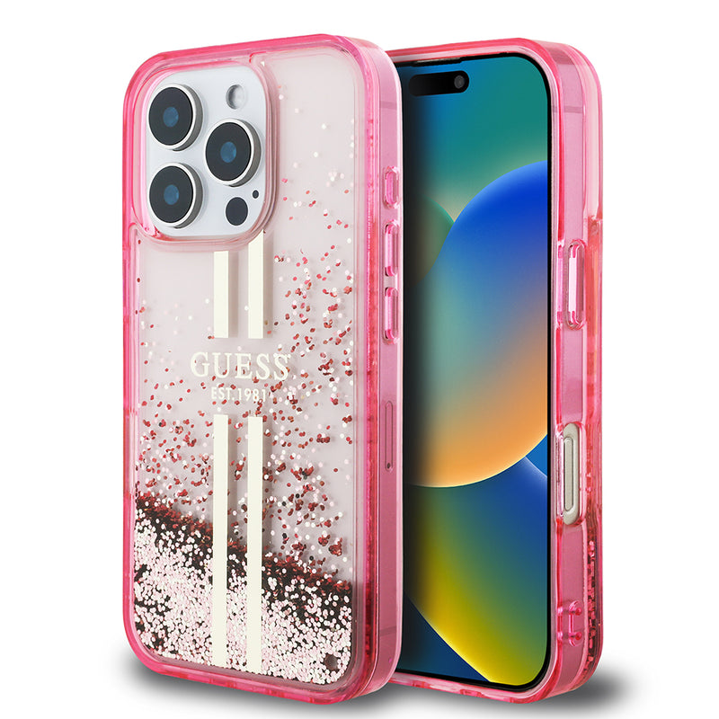 Apple iPhone 16 Pro Kılıf Guess Transparan Sıvılı ve Simli Çizgili Kapak Pembe