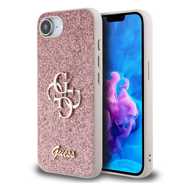 Apple iPhone 16E Kılıf Guess 4G Büyük Metal Logolu Glitter Kapak Pembe