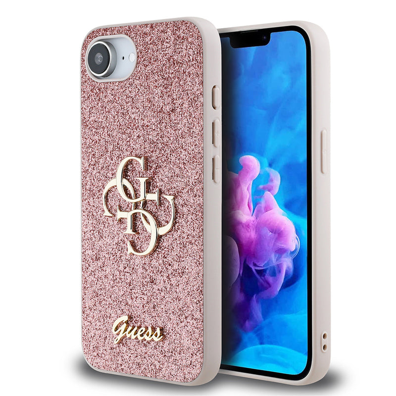 Apple iPhone 16E Kılıf Guess 4G Büyük Metal Logolu Glitter Kapak Pembe