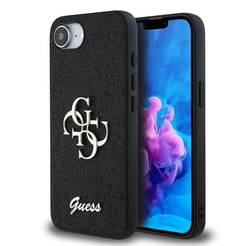 Apple iPhone 16E Kılıf Guess 4G Büyük Metal Logolu Glitter Kapak Siyah