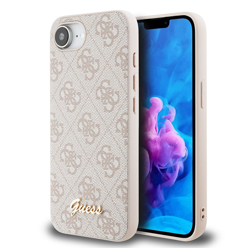Apple iPhone 16E Kılıf Guess 4G Desenli Script Metal Logolu Kapak Pembe