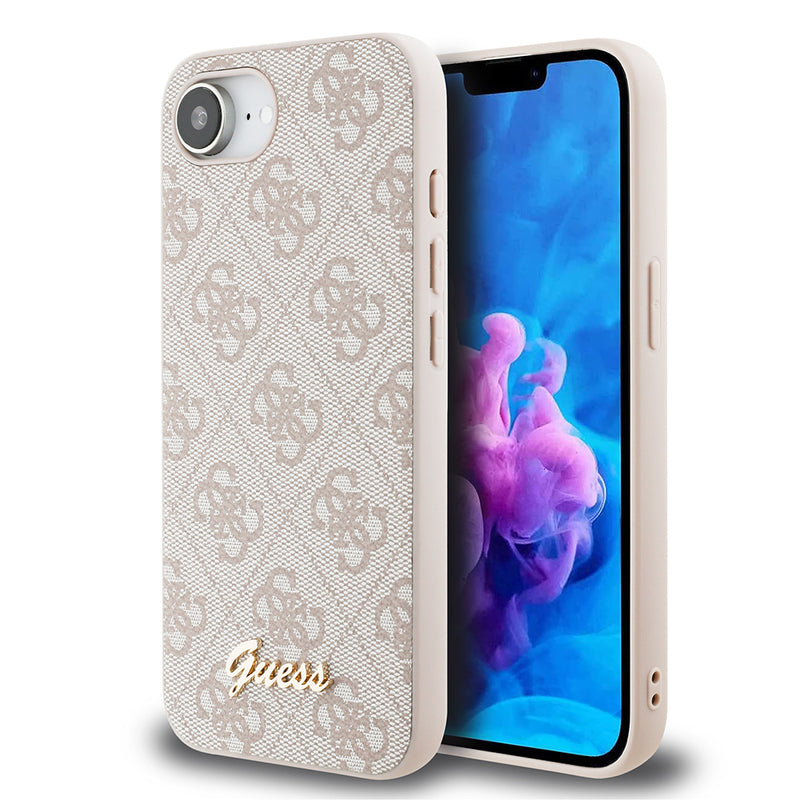 Apple iPhone 16E Kılıf Guess 4G Desenli Script Metal Logolu Kapak Pembe