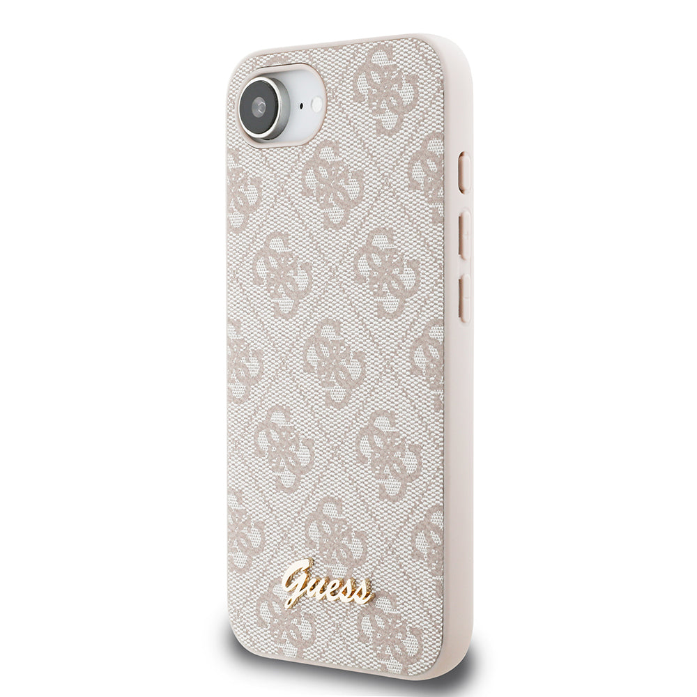 Apple iPhone 16E Kılıf Guess 4G Desenli Script Metal Logolu Kapak Pembe