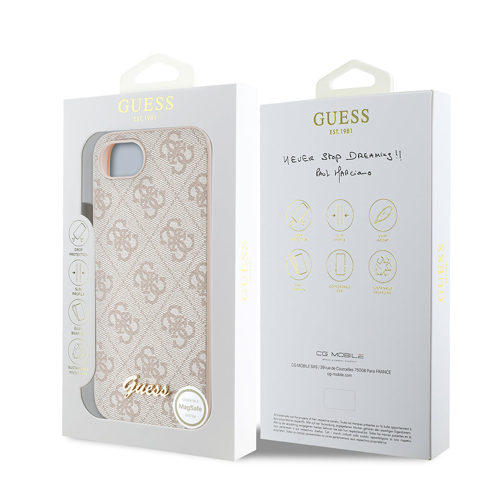 Apple iPhone 16E Kılıf Guess 4G Desenli Script Metal Logolu Kapak Pembe