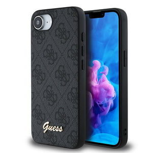 Apple iPhone 16E Kılıf Guess 4G Desenli Script Metal Logolu Kapak Siyah
