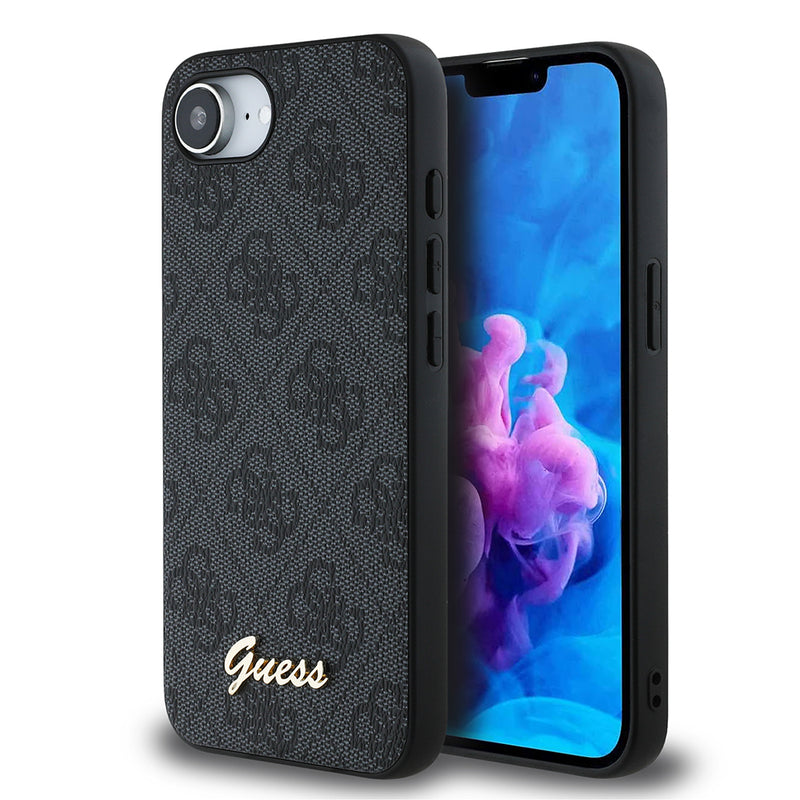 Apple iPhone 16E Kılıf Guess 4G Desenli Script Metal Logolu Kapak Siyah