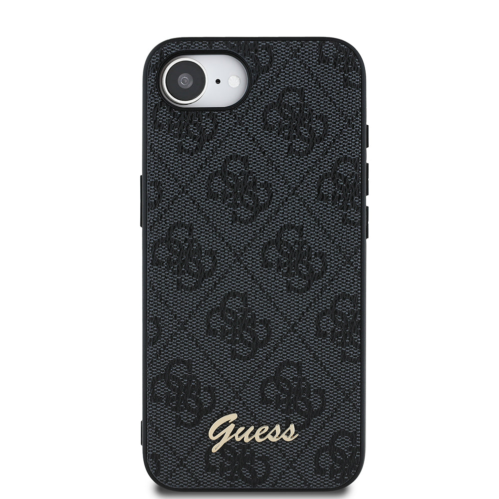 Apple iPhone 16E Kılıf Guess 4G Desenli Script Metal Logolu Kapak Siyah