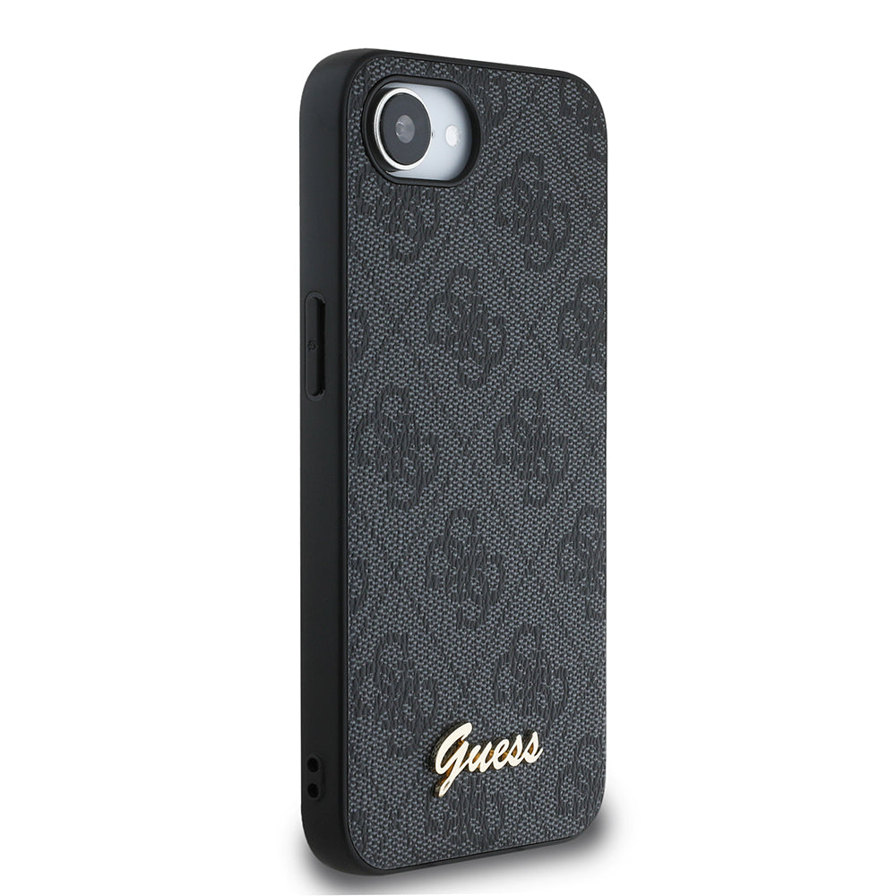 Apple iPhone 16E Kılıf Guess 4G Desenli Script Metal Logolu Kapak Siyah