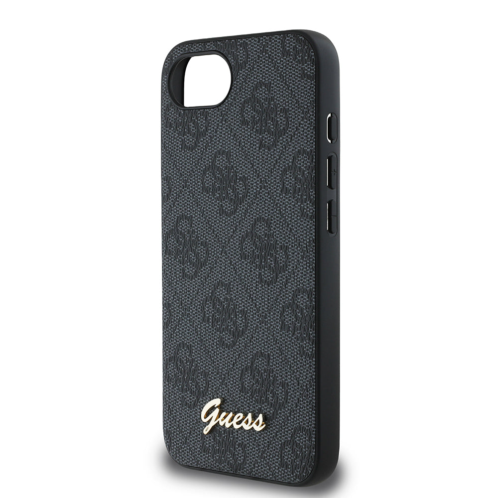 Apple iPhone 16E Kılıf Guess 4G Desenli Script Metal Logolu Kapak Siyah