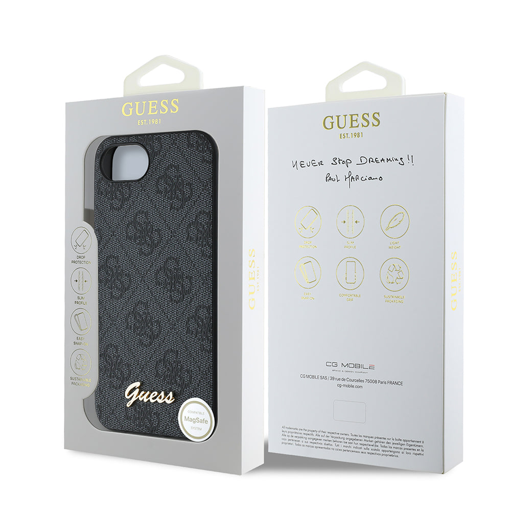 Apple iPhone 16E Kılıf Guess 4G Desenli Script Metal Logolu Kapak Siyah