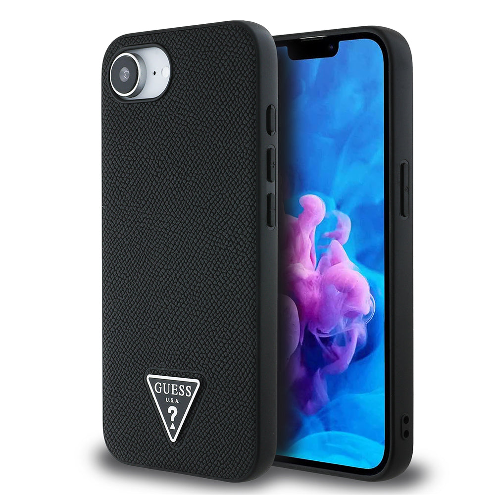 Apple iPhone 16E Kılıf Guess M-safe Şarj Özellikli Grained Triangle Kapak Siyah