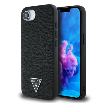 Apple iPhone 16E Kılıf Guess M-safe Şarj Özellikli Grained Triangle Kapak Siyah