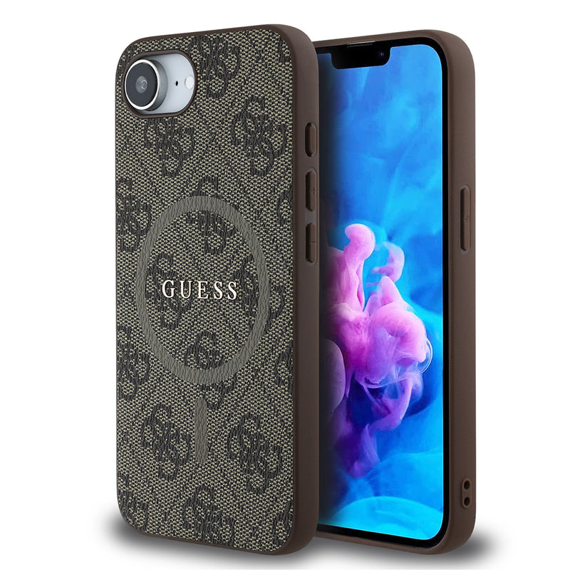 Apple iPhone 16E Kılıf Guess M-safe Şarj Özellikli PU Halkalı 4G Desenli Yazı Logolu Kapak Kahverengi