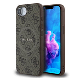 Apple iPhone 16E Kılıf Guess M-safe Şarj Özellikli PU Halkalı 4G Desenli Yazı Logolu Kapak Kahverengi