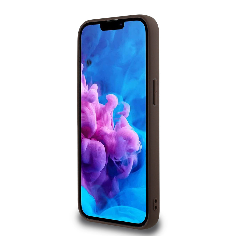 Apple iPhone 16E Kılıf Guess M-safe Şarj Özellikli PU Halkalı 4G Desenli Yazı Logolu Kapak Kahverengi