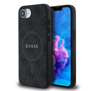 Apple iPhone 16E Kılıf Guess M-safe Şarj Özellikli PU Halkalı 4G Desenli Yazı Logolu Kapak Siyah
