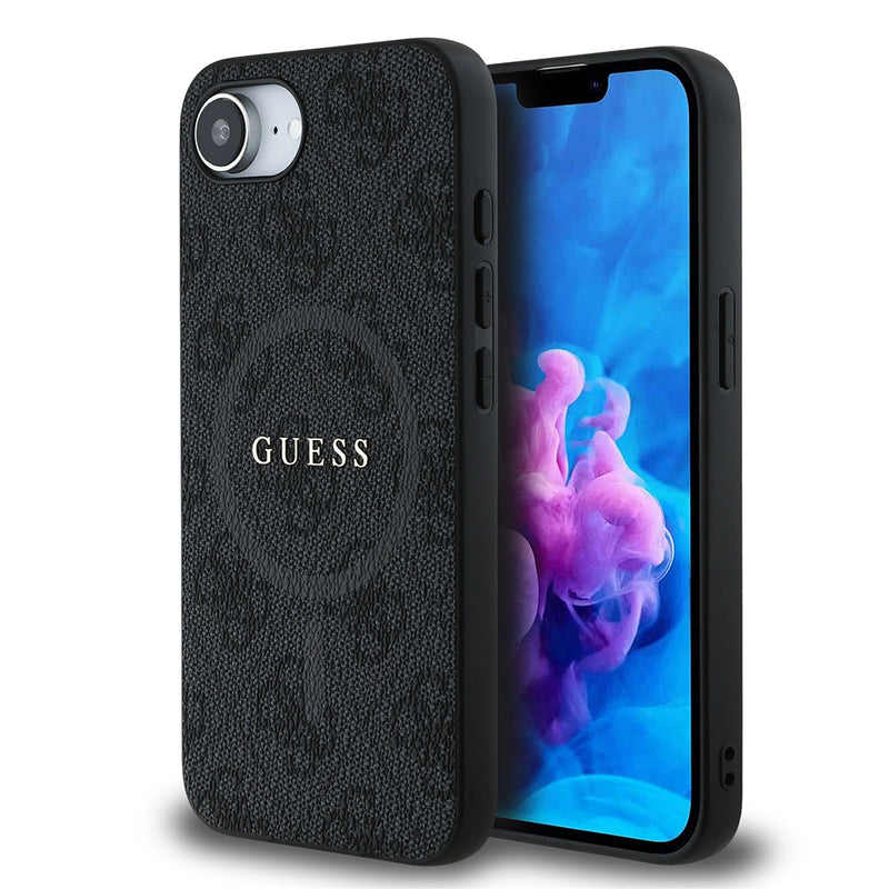 Apple iPhone 16E Kılıf Guess M-safe Şarj Özellikli PU Halkalı 4G Desenli Yazı Logolu Kapak Siyah