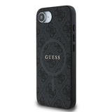 Apple iPhone 16E Kılıf Guess M-safe Şarj Özellikli PU Halkalı 4G Desenli Yazı Logolu Kapak Siyah