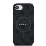 Apple iPhone 16E Kılıf Guess M-safe Şarj Özellikli PU Halkalı 4G Desenli Yazı Logolu Kapak Siyah