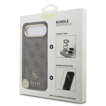 Apple iPhone 17 Air Guess 3'lü Aksesuar Seti 4G ve Yazı Logolu Kılıf Ekran ve Lens Koruyucu Kahverengi