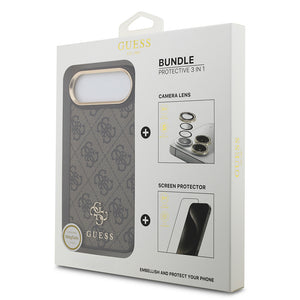 Apple iPhone 17 Air Guess 3'lü Aksesuar Seti 4G ve Yazı Logolu Kılıf Ekran ve Lens Koruyucu Kahverengi