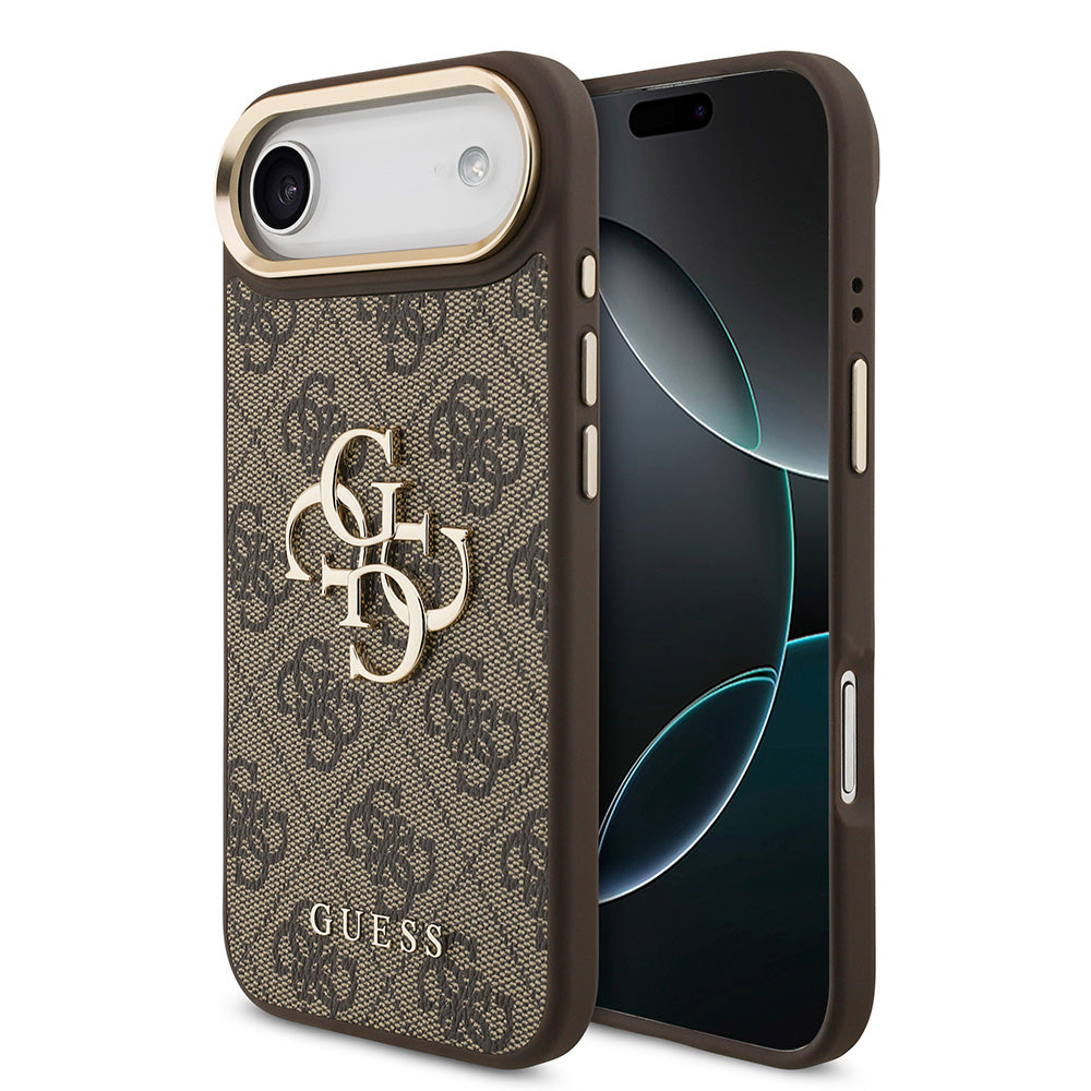 Apple iPhone 17 Air Kılıf Guess Gold Metal Kamera Çerçeveli Büyük 4G ve Yazı Logolu Kapak Kahverengi