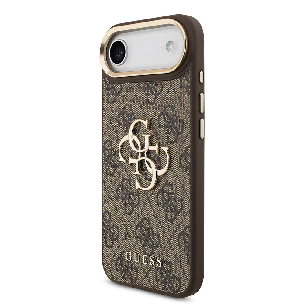 Apple iPhone 17 Air Kılıf Guess Gold Metal Kamera Çerçeveli Büyük 4G ve Yazı Logolu Kapak Kahverengi