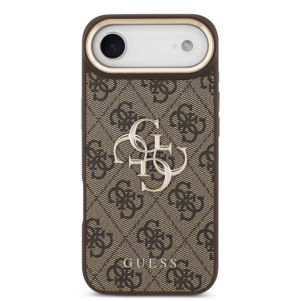 Apple iPhone 17 Air Kılıf Guess Gold Metal Kamera Çerçeveli Büyük 4G ve Yazı Logolu Kapak Kahverengi