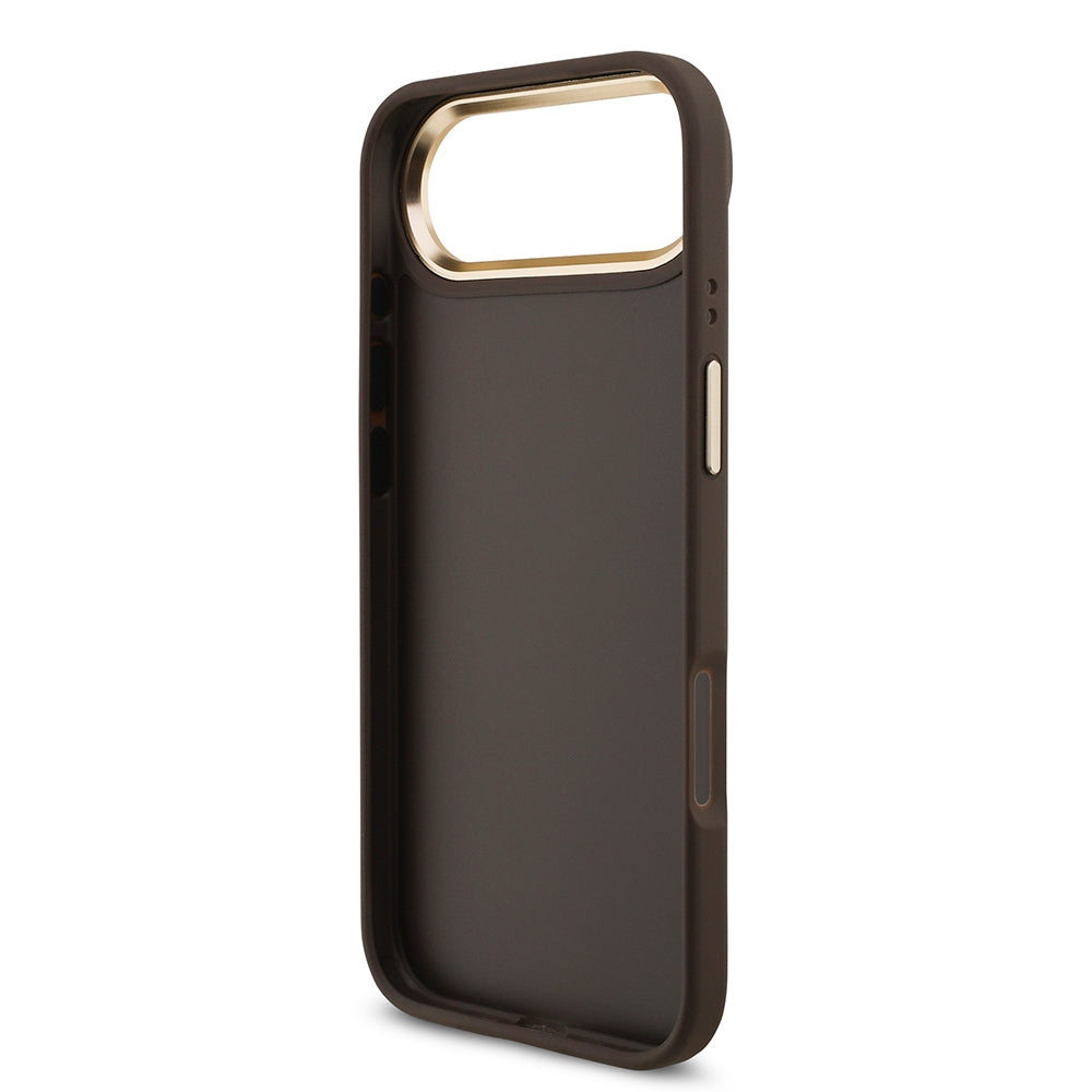 Apple iPhone 17 Air Kılıf Guess Gold Metal Kamera Çerçeveli Büyük 4G ve Yazı Logolu Kapak Kahverengi