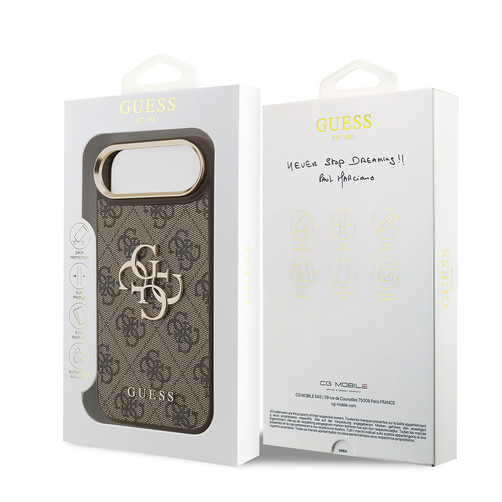 Apple iPhone 17 Air Kılıf Guess Gold Metal Kamera Çerçeveli Büyük 4G ve Yazı Logolu Kapak Kahverengi