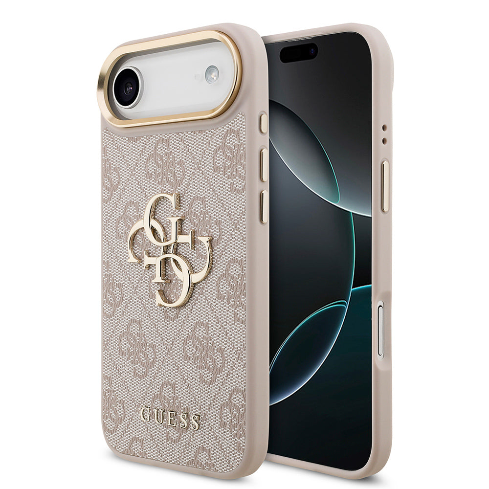 Apple iPhone 17 Air Kılıf Guess Gold Metal Kamera Çerçeveli Büyük 4G ve Yazı Logolu Kapak Pembe