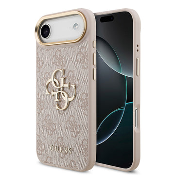 Apple iPhone 17 Air Kılıf Guess Gold Metal Kamera Çerçeveli Büyük 4G ve Yazı Logolu Kapak Pembe